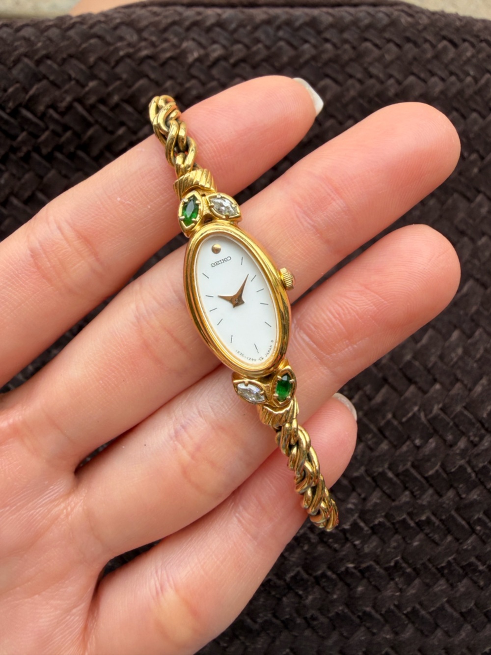 Seiko Gold Tone Bracelet Watch Diamond with Rubies Stone Green and Clear Accents